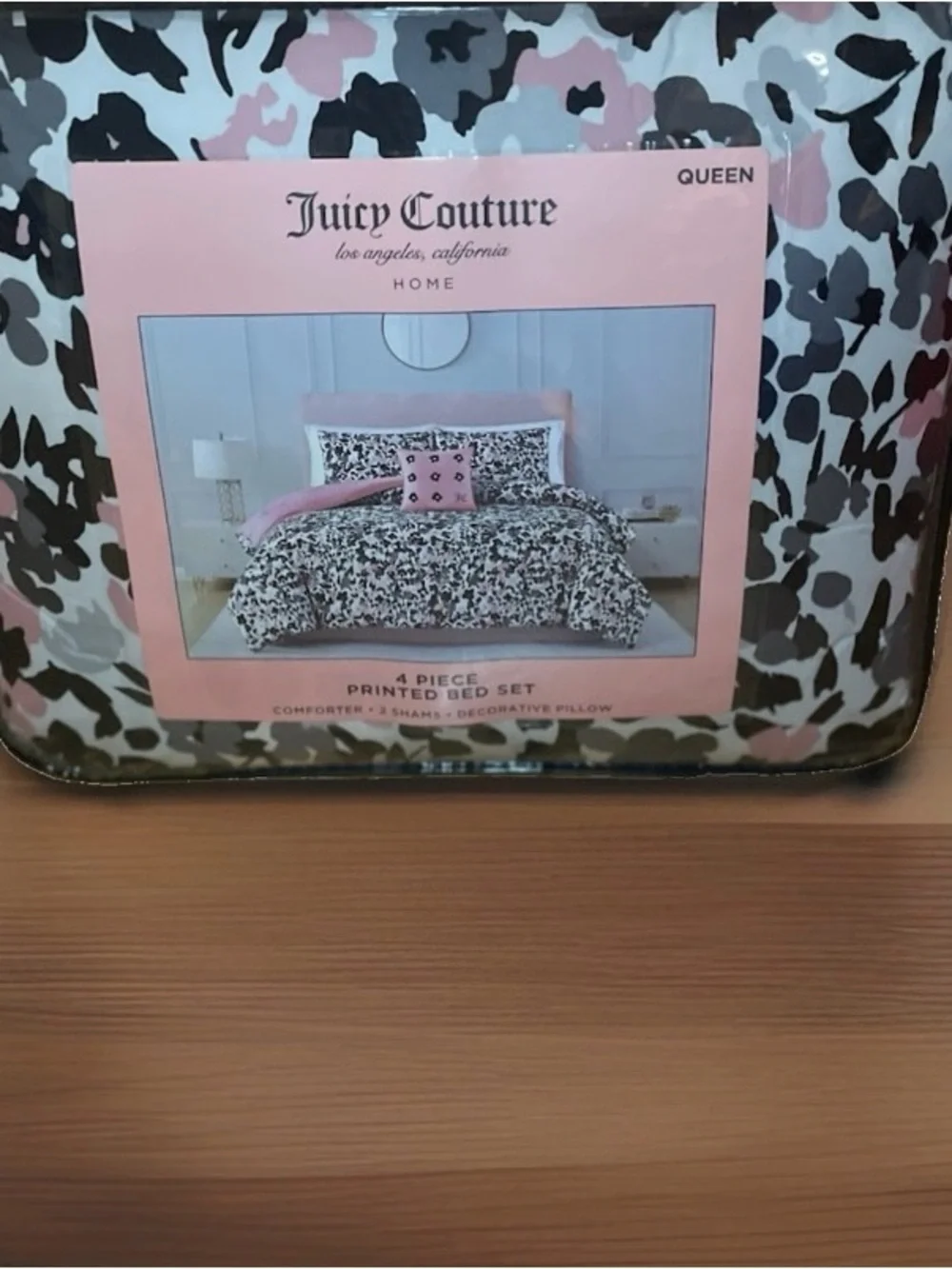 Juicy Couture 4-Piece Queen Printed Bed Set - Black Pink Floral Camo Comforter